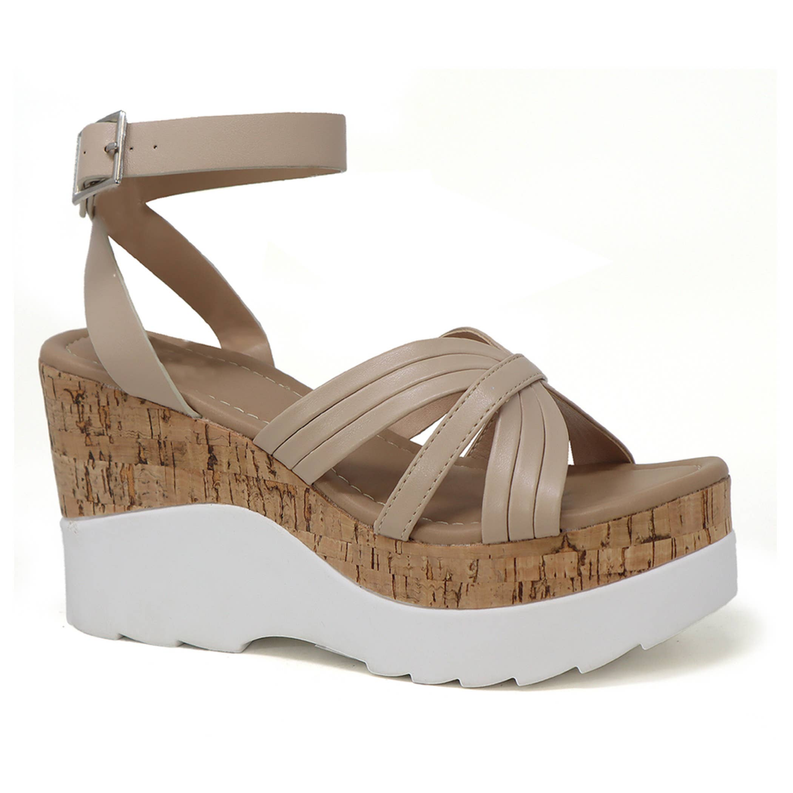 Women's platform wedge sandals with cork-style sole, ankle strap, and strappy beige upper