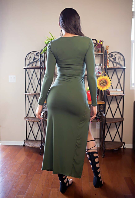 Olive green V-neck maxi dress back view with long sleeves and center ruched seam