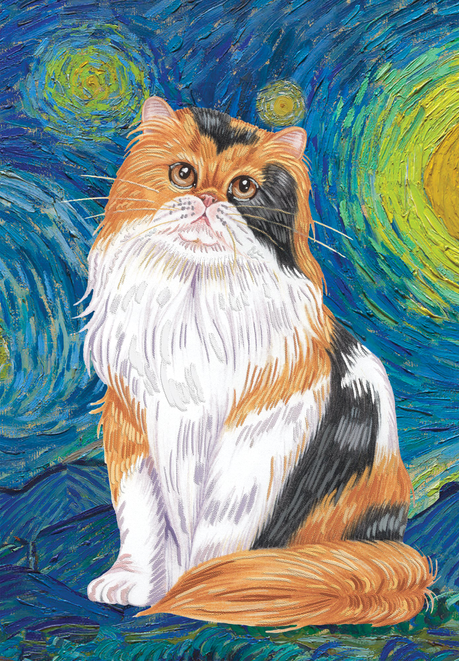 Orange and white cat sitting on a decorative garden flag