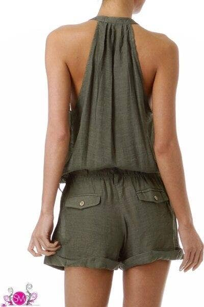 Olive back halter romper with button details and gathered waist shorts