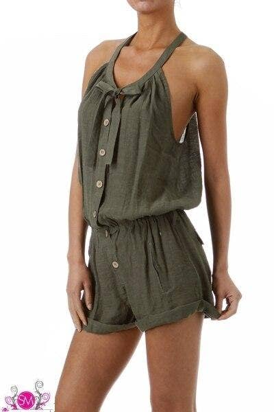 Olive halter romper with button placket, gathered waist, and side pockets