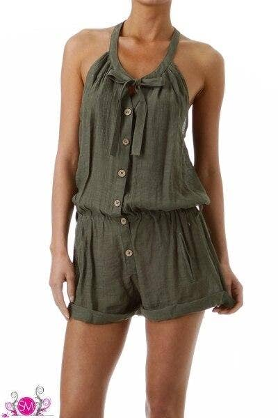 Olive sleeveless button-front halter romper with drawstring tie neckline