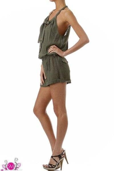 Olive button-front halter romper with gathered waist and ruffle hem