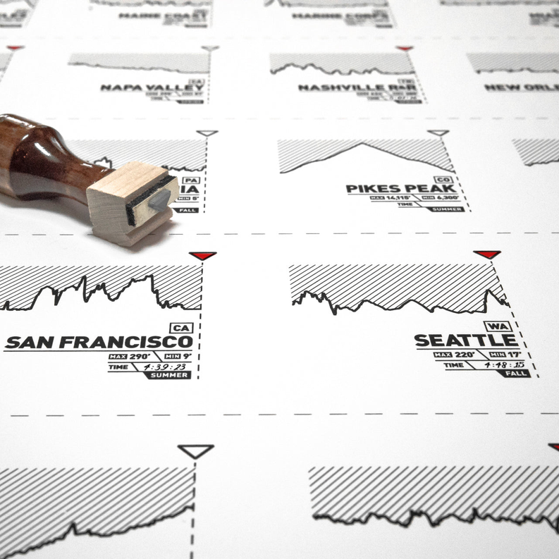 Marathon register print layout close-up with wooden stamp near city name blocks