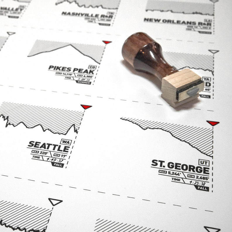 Marathon route register print close-up with wooden stamp over state map labels and markers.