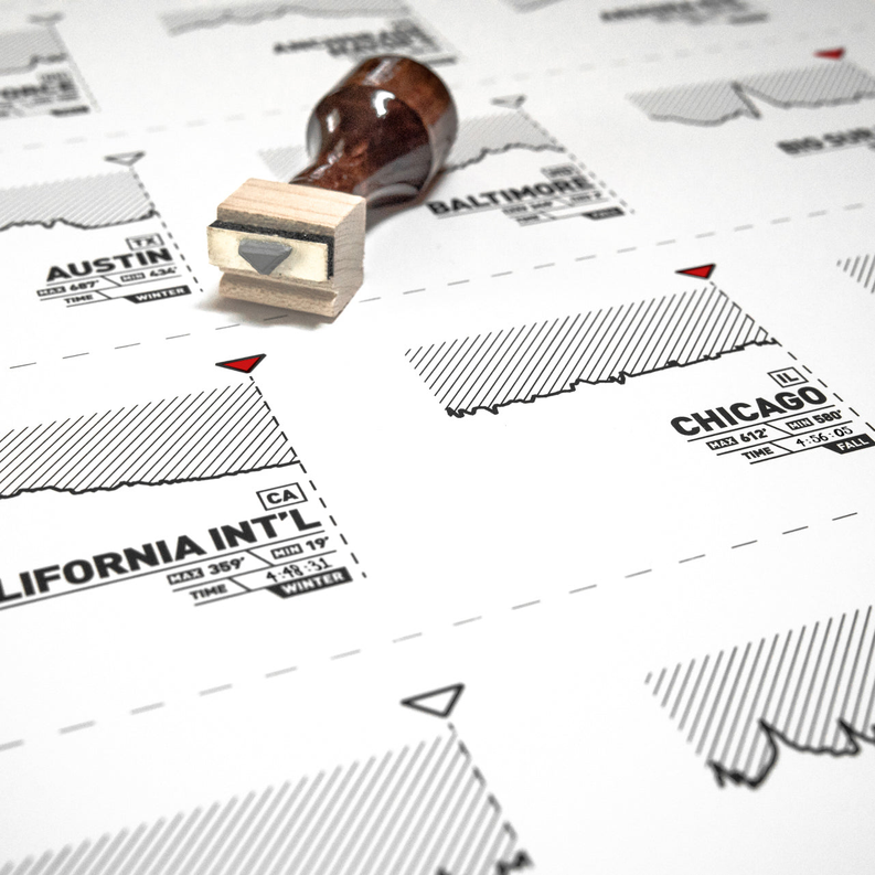 Marathon register print design with wooden ink stamp on map-style backdrop