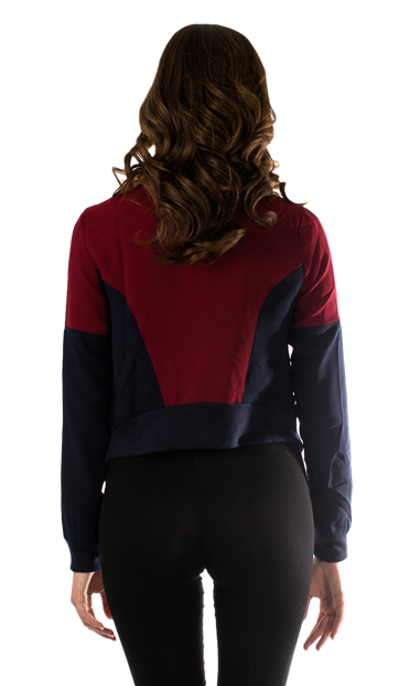 Color-block blazer back view with maroon upper and dark navy panels