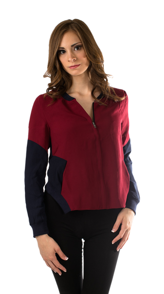 V-neck color-block blazer in maroon with dark navy sleeve panels