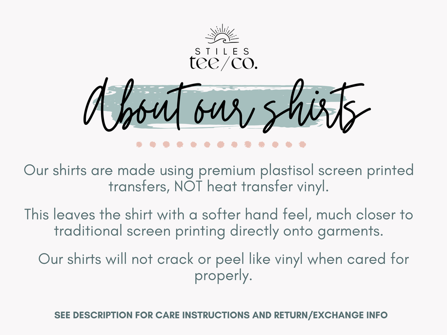 Sweatshirt care card with 'about our shirts' text and Stiles tee co logo