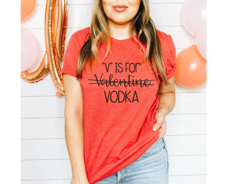 Red graphic T-shirt with 'V Is For Valentine VODKA' front print