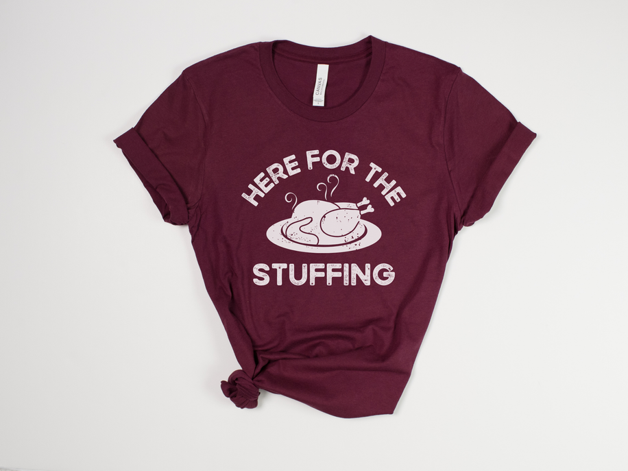 Burgundy Thanksgiving T-shirt with 'Here for the Stuffing' graphic, crew neck