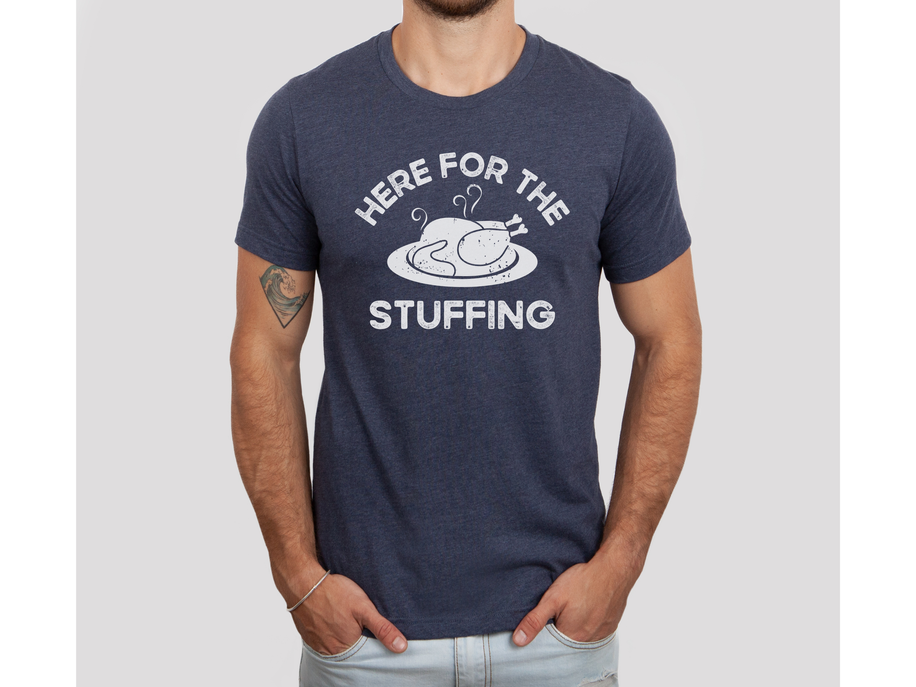Heather navy Thanksgiving T-shirt with 'Here for the Stuffing' graphic