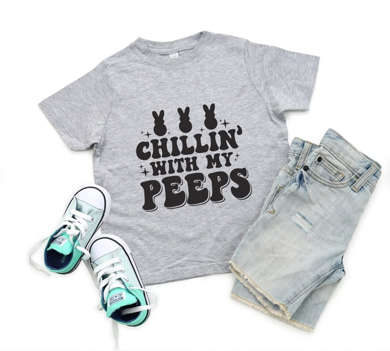 Kids heather grey Easter T-shirt with bunny peeps graphic reading 'Chillin with my Peeps'