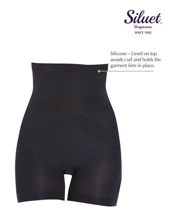 Black mid-thigh shaping briefs with seamless front panel and open crotch