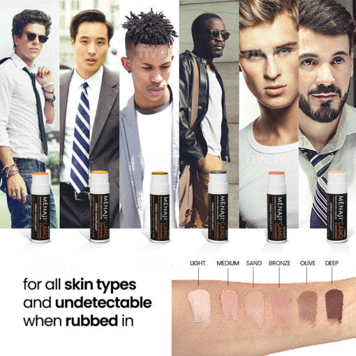 Men's concealer sticks in multiple shades with arm swatch chart