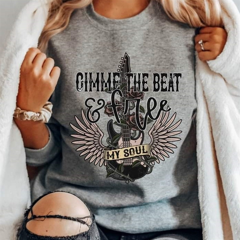 Heather grey sweatshirt with large 'Gimme the Beat' music graphic on front