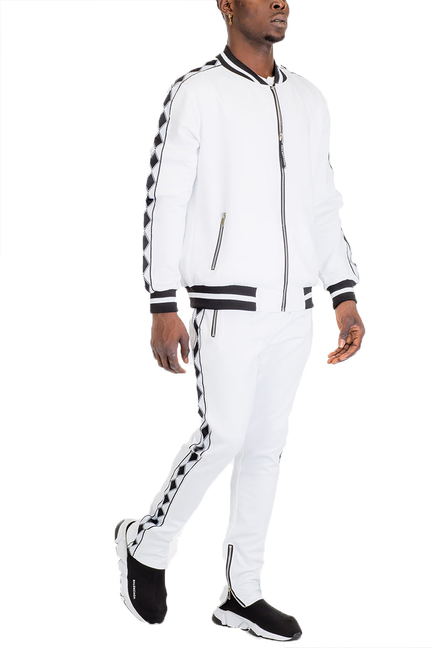 White tracksuit set with black diamond tape trim: zip jacket and matching pants