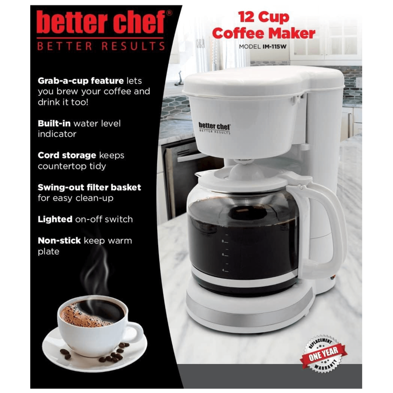 White coffee maker with black carafe and visible water tank