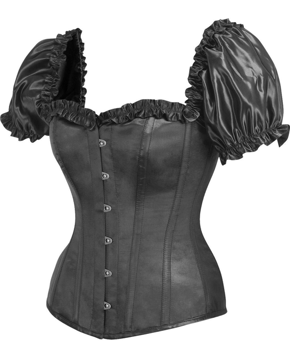 Black satin overbust corset with puff sleeves and buttoned front boning panels