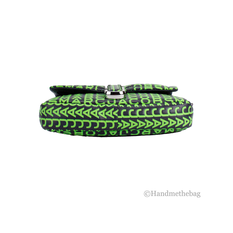 Green monogram mini shoulder bag with snap flap and silver chain strap