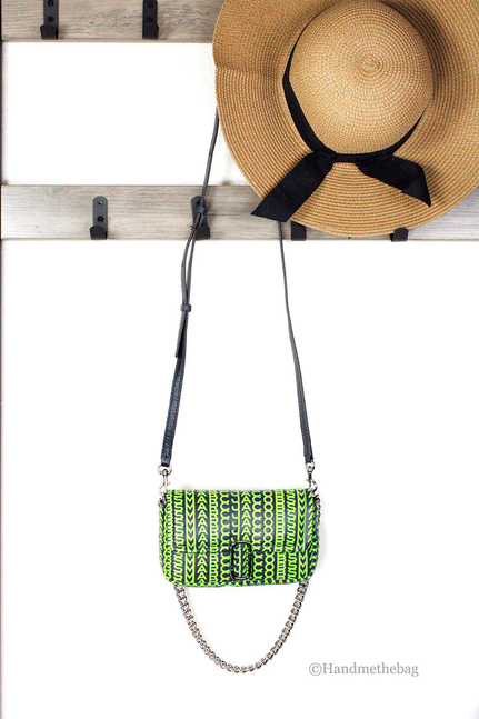 Green monogram mini shoulder bag with flap top and silver chain strap.
