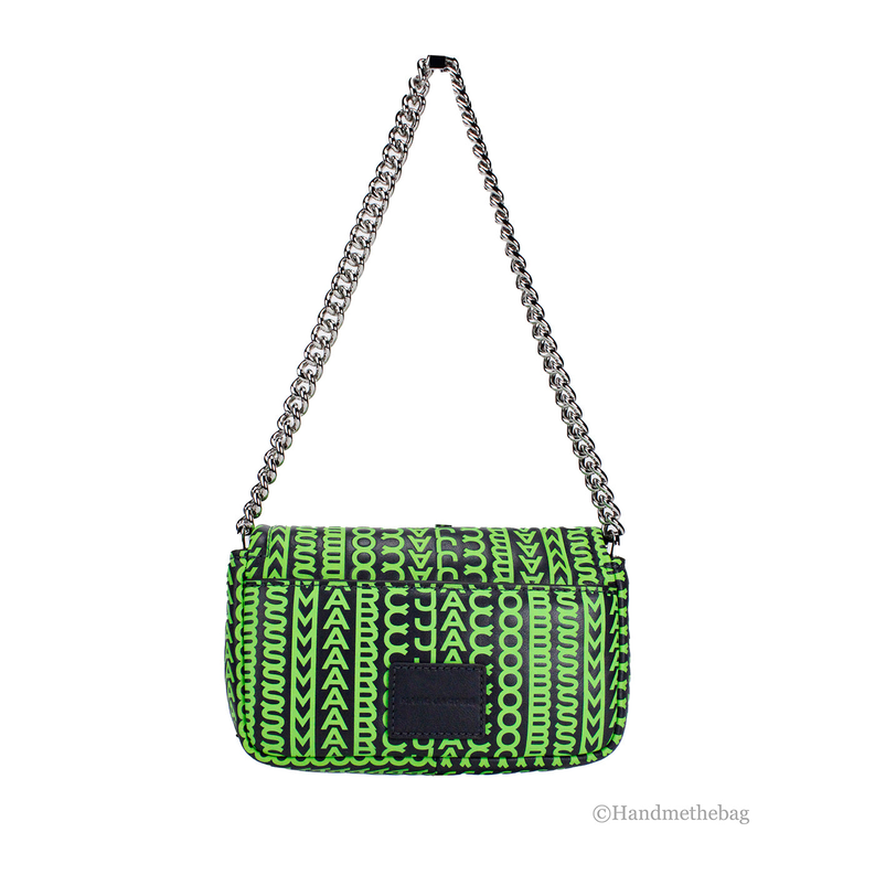 Green monogram mini shoulder bag with black flap center and silver chain strap