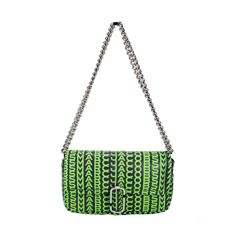 Green monogram mini shoulder bag with flap, silver chain strap, black front panel