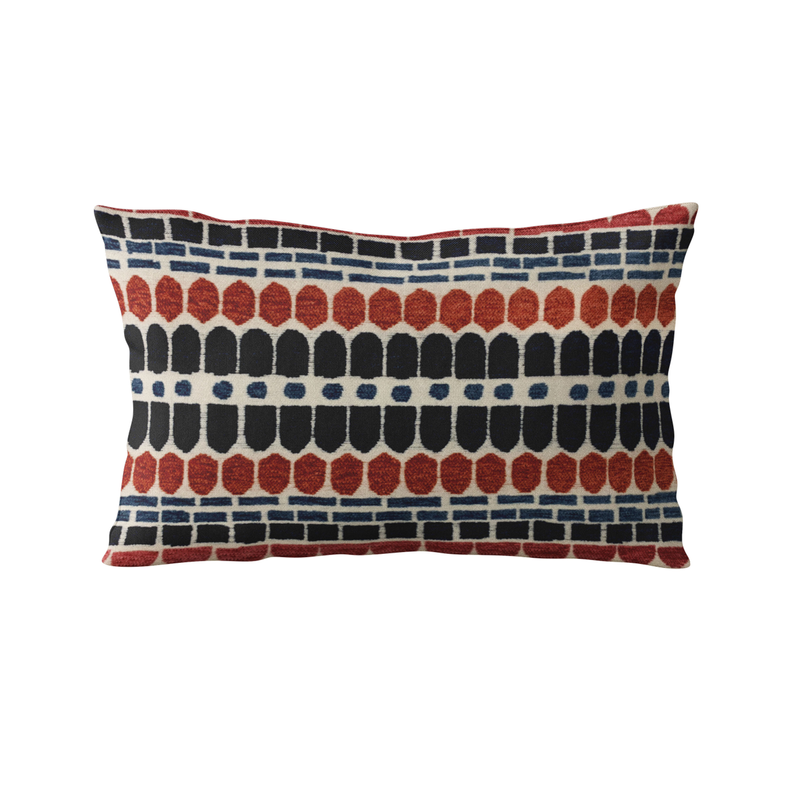 Rectangular throw pillow with red, navy, and cream horizontal brick-pattern stripes.