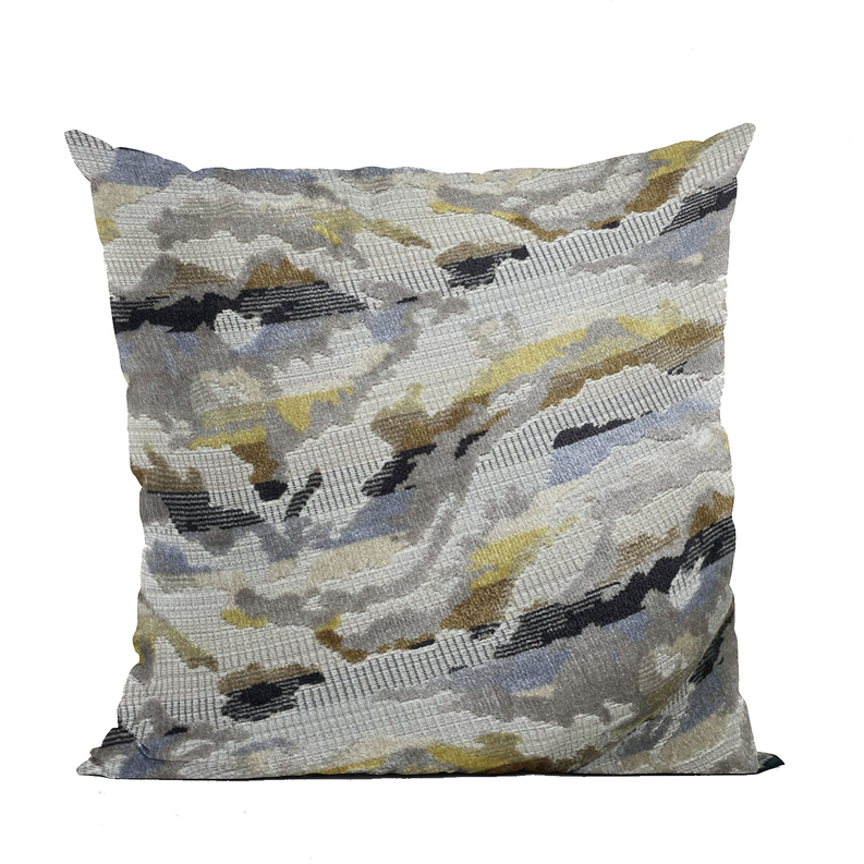Square throw pillow cover with abstract gray, black, and yellow geometric pattern, corner view