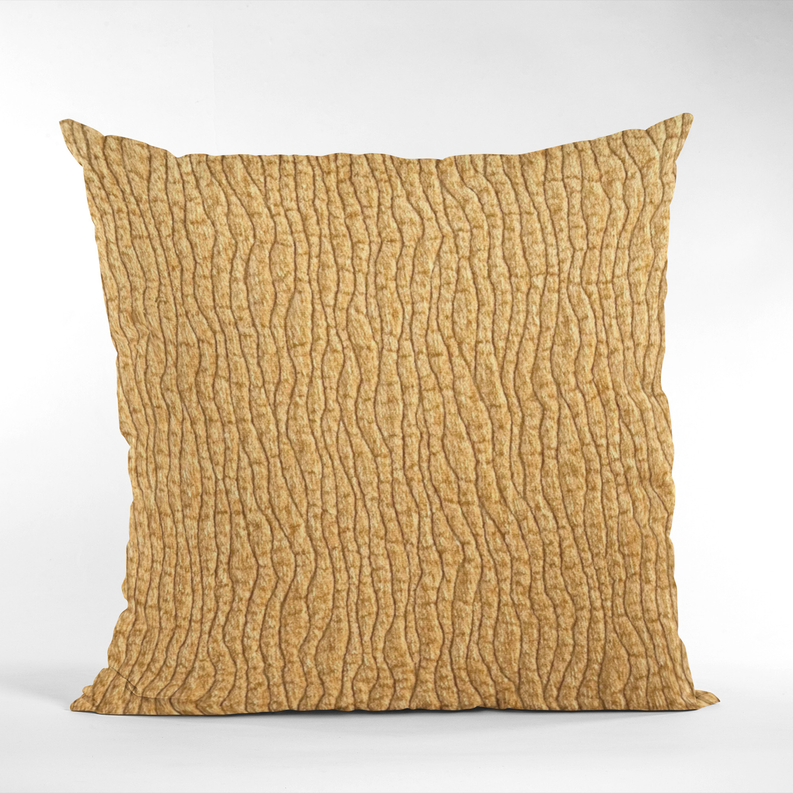 Square yellow throw pillow with wavy desert-line textured fabric and crisp edges