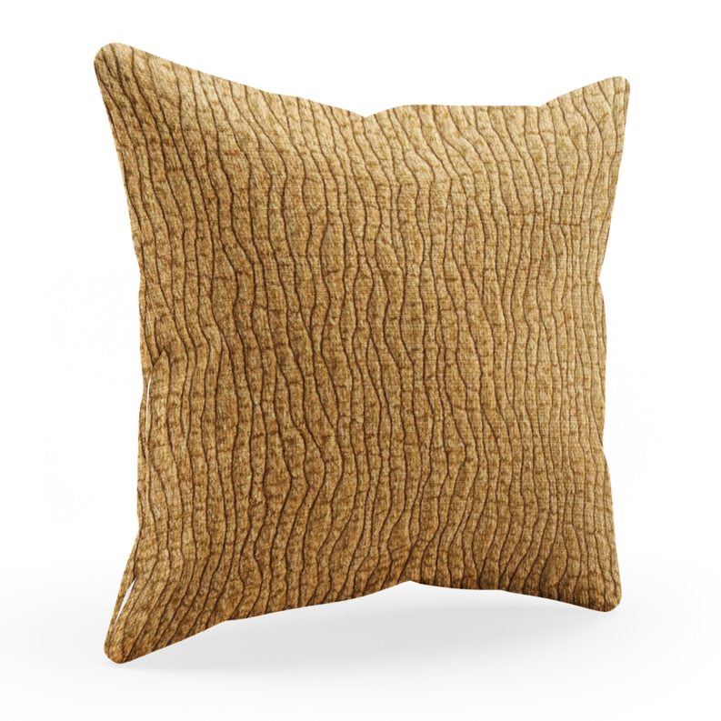 Yellow textured throw pillow with desert line pattern, square edge