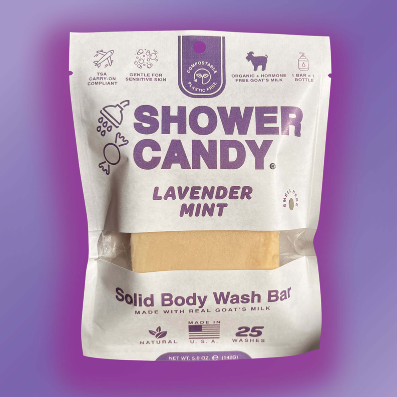 Solid body wash bar, lavender mint scent, in sealed Shower Candy bag
