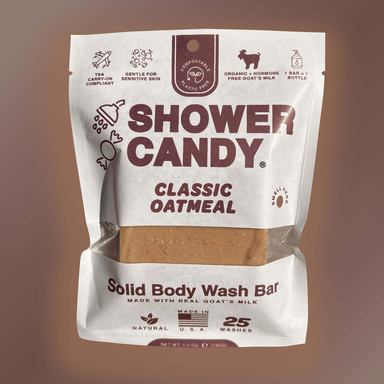 Solid body wash bar, classic oatmeal scent, in sealed Shower Candy bag