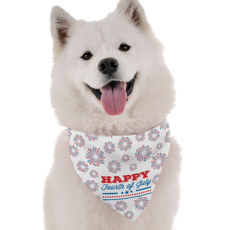 White dog bandana with red/blue fireworks and “Happy 4th of July” text