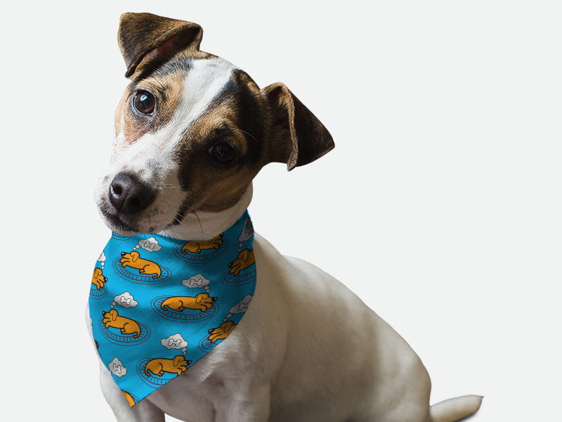 Dog bandana bib in blue with orange cartoon dog prints, draped around neck