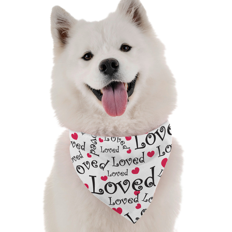 Triangular dog bandana with red hearts and 'Loved' text on white