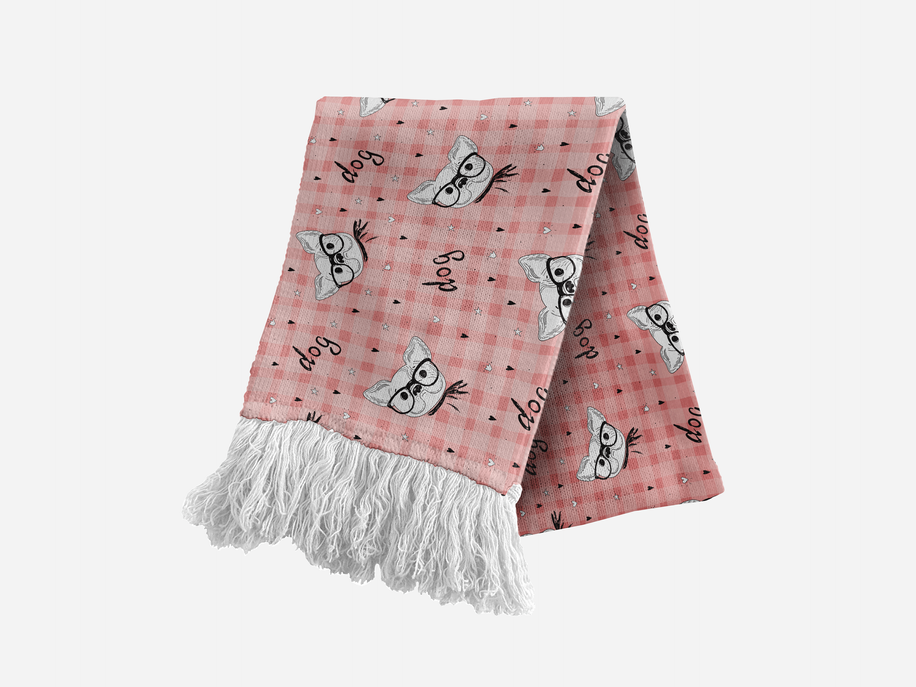 Pink plaid Turkish scarf with French bulldog prints and white fringe ends