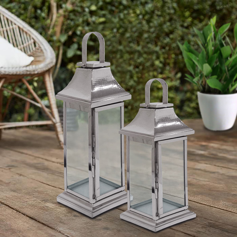Silver metal candle lantern set with glass panels and arched handles (two sizes)