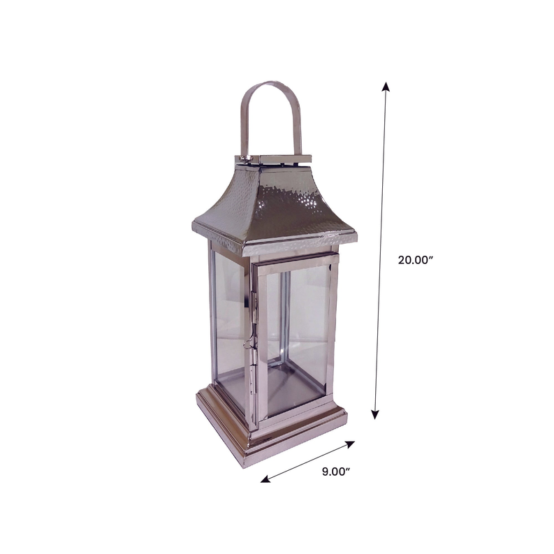 Silver metal candle lantern with glass panels and arched handle; 20" height shown