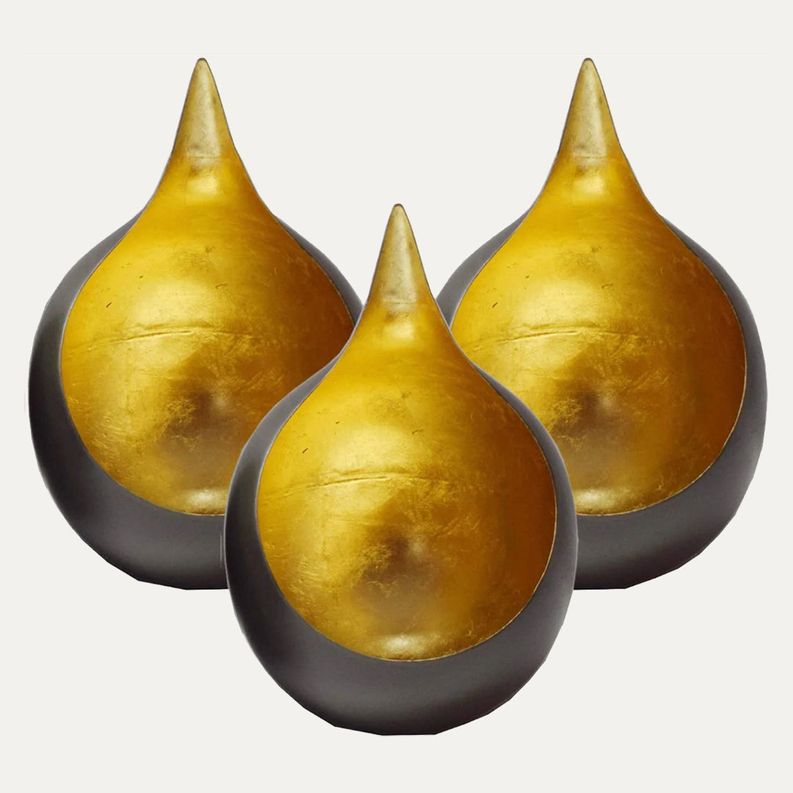 Three gold teardrop tea-light candle holders, dark outer bases