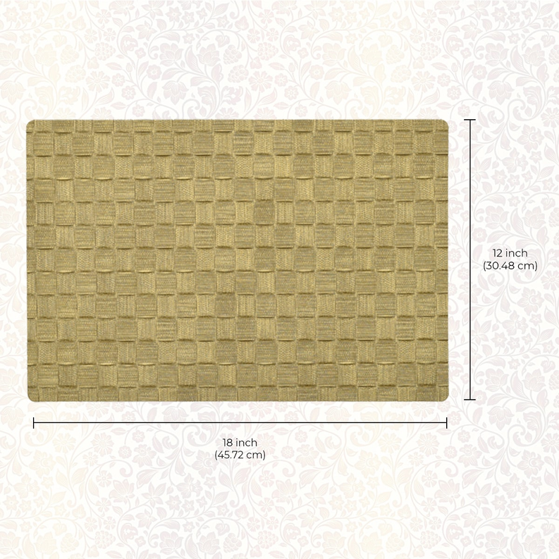 Gold PVC placemat, woven texture, 18 x 12 in dimensions shown