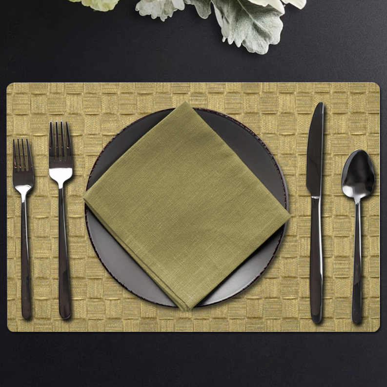 Mustard gold PVC placemat with woven texture, rectangular with rounded corners