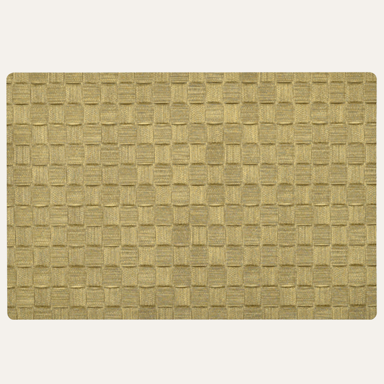Gold PVC placemat close-up with woven texture, rectangular with rounded corners