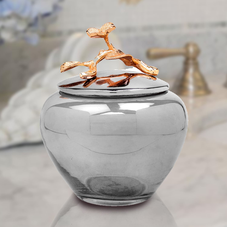 Elegant cotton ball container, clear glass jar with gold ornamental finial lid