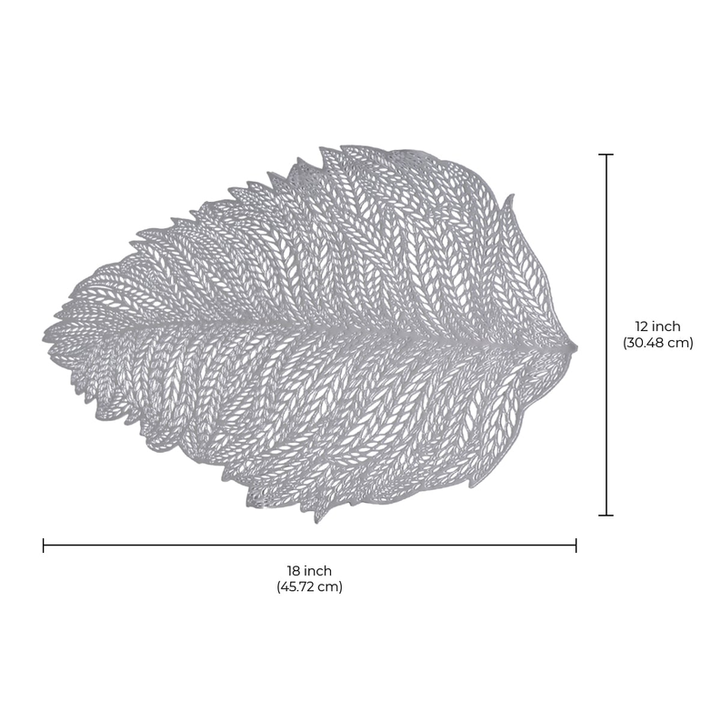 Silver leaf cut-out vinyl placemat, oval leaf design; 18 in x 12 in