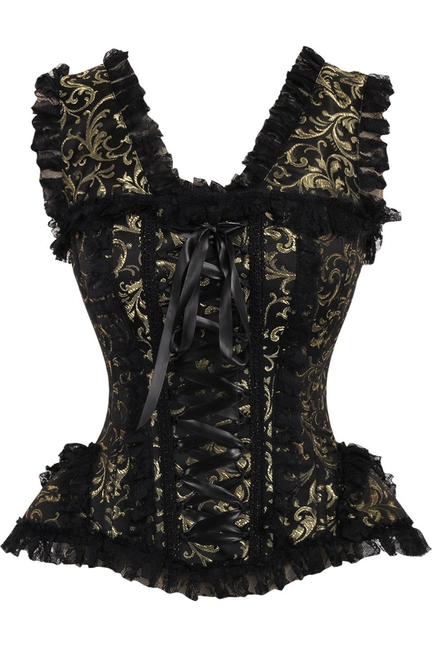 Black-and-gold brocade lace corset, cap sleeves, front lace-up, steel-boned