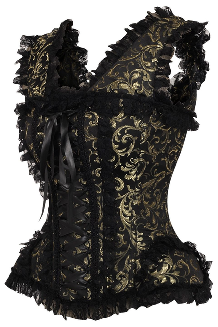 Black-and-gold brocade corset with ruffled lace cap sleeves and front lace-up
