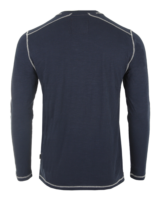 Men's navy long-sleeve henley shirt back view with contrast side seam trim