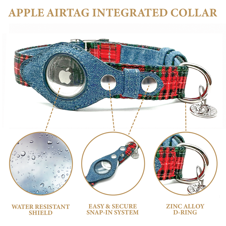 Denim blue pet collar with red tartan trim and integrated Apple AirTag holder, zinc D-ring