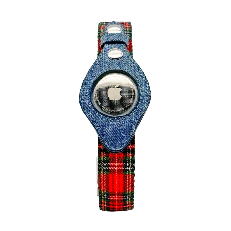 Denim dog collar with plaid trim and round AirTag case with Apple logo
